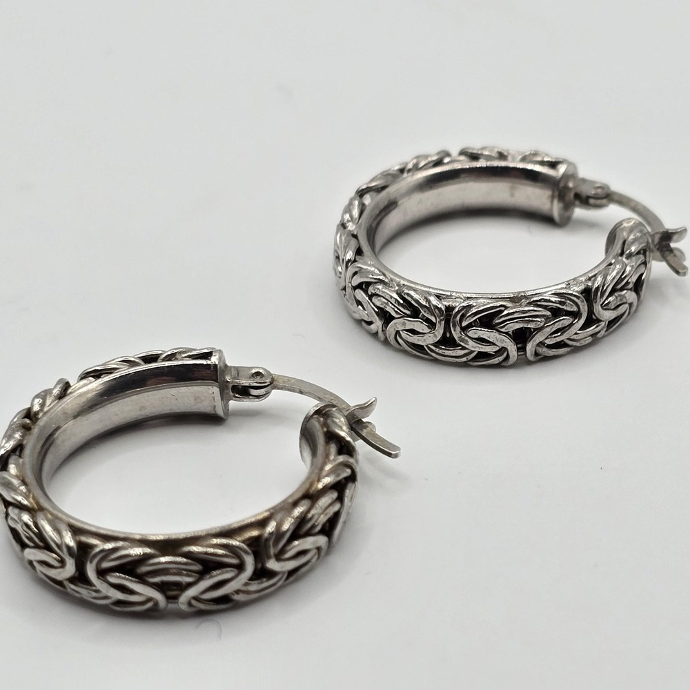 Vintage Atasay Turkish Sterling Silver Woven Rope Hoop Earrings 925 1" Diameter